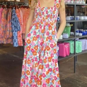 THML floral smocked midi dress sz large